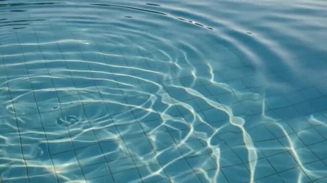 Swimming pool water ripple on blue tile texture with sunlight reflection, shimmering abstract background of clear pool water surface, gentle wave pattern and calm grid lines with copy space