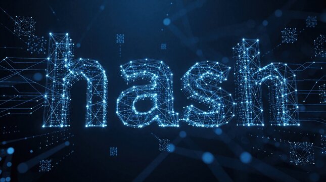 Digital word HASH glows blue with connected data points. Futuristic network lines signify blockchain, cybersecurity, and tech data flow. Abstract net symbolizes digital information systems.
