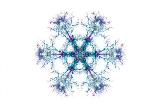 Dandelion Abstract: An abstract, ethereal representation of a dandelion seed head, rendered in striking shades of teal and violet, creating a mesmerizing, symmetrical mandala pattern.