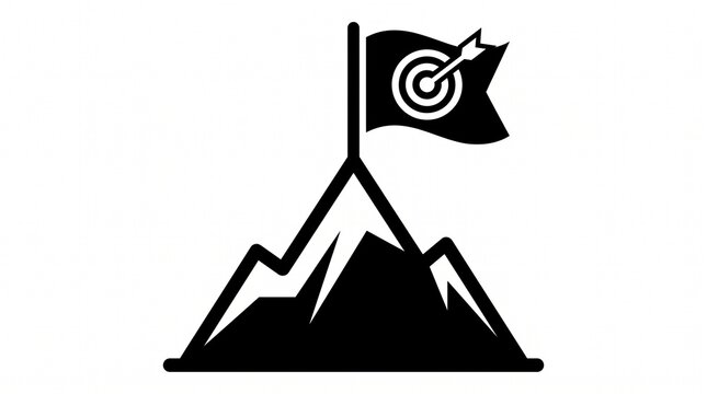 Stylized black-and-white mountain peak with flag, target symbol at summit, arrow hitting center, representing success, achievement, and reaching goals in minimal symbolic design.