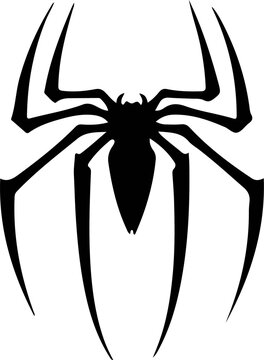 Stylized black spider silhouette a minimalist vector graphic symbol for horror Halloween or superhero themes isolated on a white background