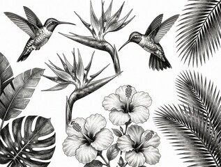 Naklejka premium Hand drawn sketch style illustration of hummingbirds, strelitzia, hibiscus flowers and palm leaves. Botanical elements in detailed pen and ink art. Vintage tropical nature design.