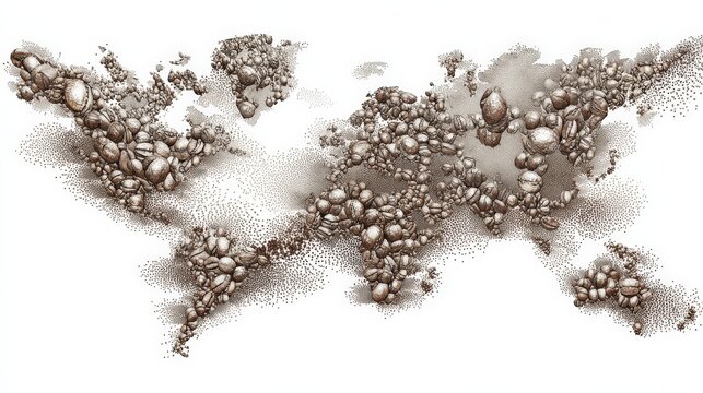 World Map of Humanity: A striking artistic representation of the world map, formed by a multitude of small, pebble-like human figures, symbolizing global population distribution and connection.