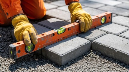 Obraz premium Construction worker uses level tool to ensure accurate placement of paving stones on gravel bed. Precision work for creating flat outdoor surface. Worker wears gloves, orange uniform.