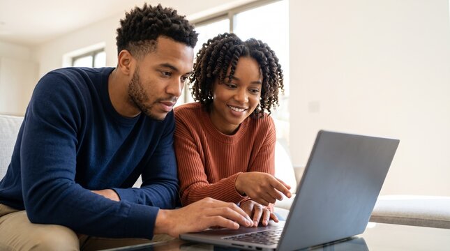 Focused Black couple managing online banking transactions on laptop in living room. African American woman pointing at screen while man enters payment info for electronic money transfer.