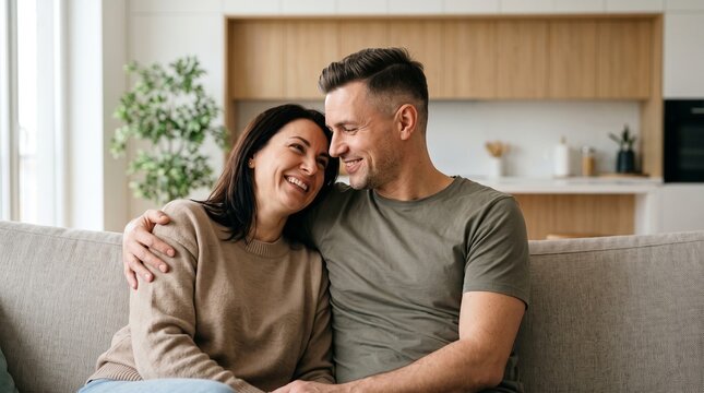 Middle aged married couple smiling on sofa in modern apartment reflecting on tax savings and mortgage payment plan, happy mature husband and wife satisfied with home insurance coverage.