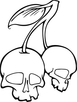Pair of skull cherries with stem and leaf a dark gothic illustration for tattoo design or edgy apparel isolated on white