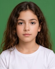 Fototapeta premium Young girl with a calm expression wearing a white shirt against a green background