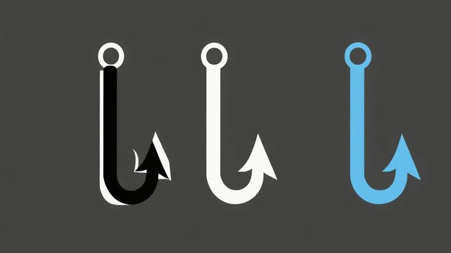 Three stylized fishing hooks arranged horizontally on dark gray background, identical shape with circular eye and sharp barb, colored black, white, and light blue, minimal modern design.