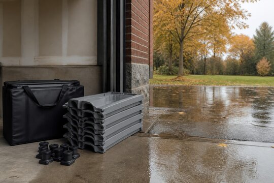 Modular portable flood barrier segments stored beside a garage entrance for rapid storm response and residential water protection campaigns