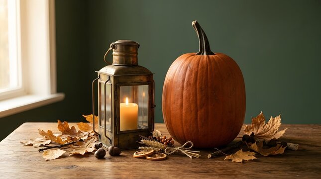 Autumn lantern and pumpkin on a wooden table with fall leaves