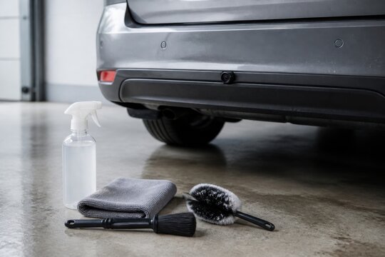 Soft brushes plain spray bottle and microfiber cloth beside car parking sensors for winter cleaning and safe vehicle technology campaigns