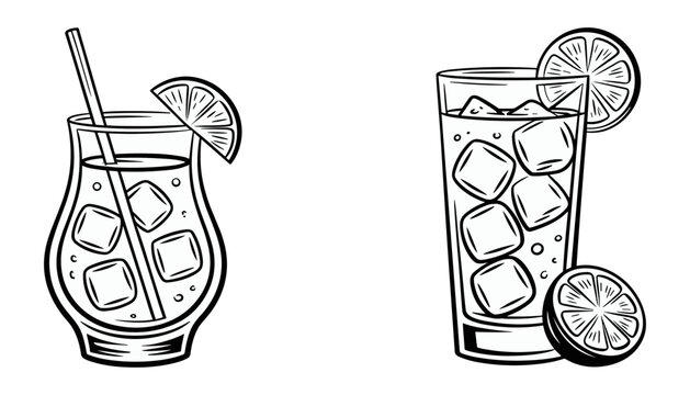 Cocktail drinks flat vector illustration collection. Two vintage engraved refreshing glasses present cold beverages filled with ice cubes, straws, and sliced citrus fruits.