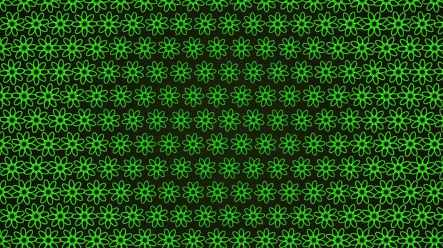 Seamless loop of green neon floral geometric patterns rotating slowly on a dark black background vector background