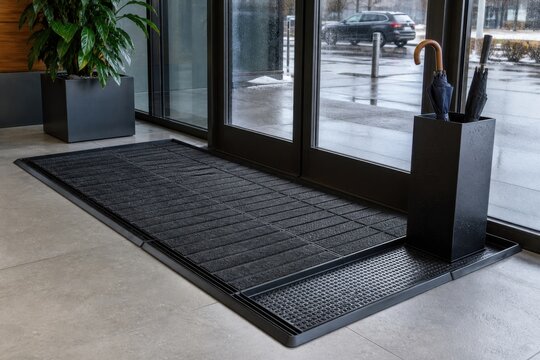Commercial entrance wet weather mat system with drainage tray and umbrella stand prepared for winter slip prevention and office safety campaigns