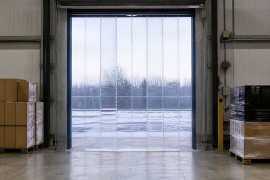 Insulated transparent strip curtains installed across a warehouse loading dock for winter heat retention and logistics energy efficiency campaigns