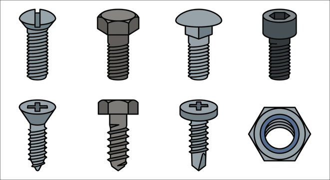 Assorted fasteners including screws bolts and a nut presented as a colorful vector illustration screw