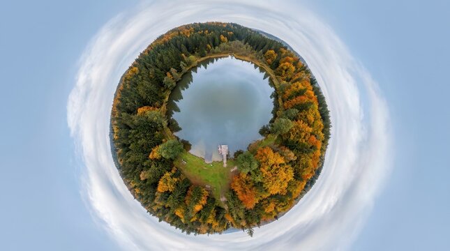 Stunning planet projection aerial view of a serene forest lake in autumn with colorful trees and a wooden pier