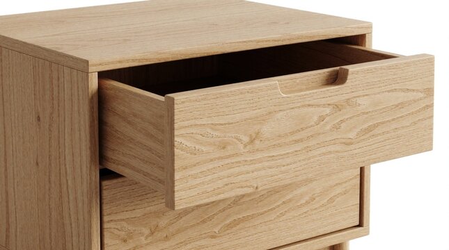 Light oak wood nightstand with two open drawers stands against a clean white background. Minimalist furniture piece offers bedside storage for bedroom decor.
