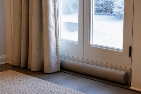 Thermal curtain and fabric draft stopper fitted at a residential doorway for winter energy saving and comfortable home heating campaigns
