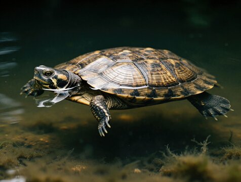 Small turtle swims underwater in dark pond. Reptile moves through clear water near lake bottom with algae. Wild tortoise explores aquatic habitat, showing detailed shell patterns, head. Natural