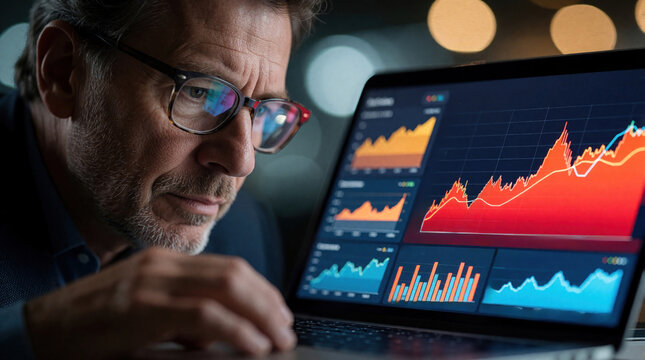 Mature man in glasses analyzes colorful finance graphs on laptop. He concentrates on stock market data, planning business strategy. Busy pro works indoors.