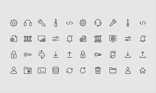 Settings line icon set. Cogwheel, support, wrench, screwdriver, development, config, toolbar, setup minimal vector illustrations.