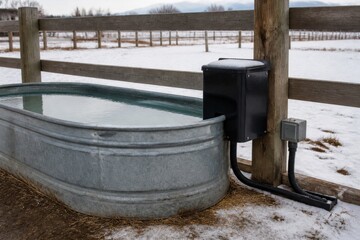 Naklejka premium Galvanized farm water trough with enclosed deicer and protected cable for freeze prevention and winter livestock care campaigns