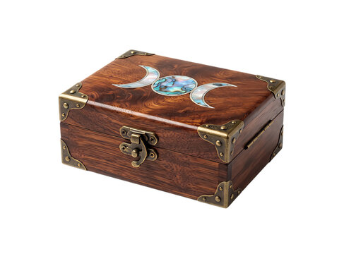 Old wooden box with moon symbol and metal corners for storing jewelry or small treasures on a table isolated on transparent background
