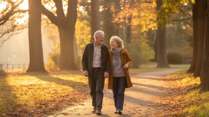 Fototapeta premium Senior Couple Walking in Autumn Park with Golden Leaves