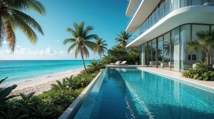 Fototapeta premium Modern luxury villa with infinity pool overlooking turquoise ocean beach. Tropical palm trees, white sand surround high end apartment building. Sunny summer vacation scene at exotic coastal resort