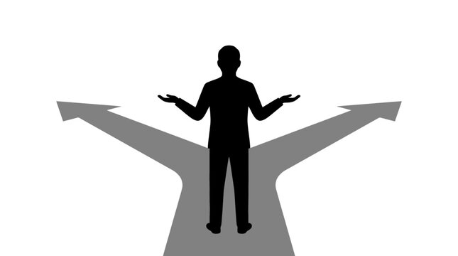 Business person standing at a fork in the road contemplating important choices for professional career growth