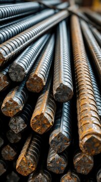 Pile of rebar rods showing texture and rust detail. Metal steel bars used in construction for reinforcing concrete. Industrial material close up.