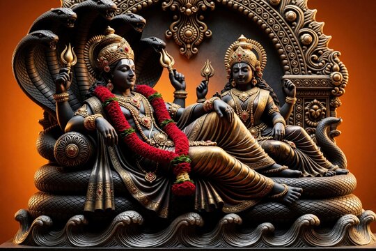 Lord Vishnu rests on serpent throne surrounded by cobras with Lakshmi beside him. Ornate statues feature detailed jewelry and red flower garlands. Divine Hindu deities in opulent temple setting.
