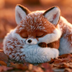 Naklejka premium A fox character curls up asleep among colorful leaves under warm autumn sunlight in a serene outdoor setting.