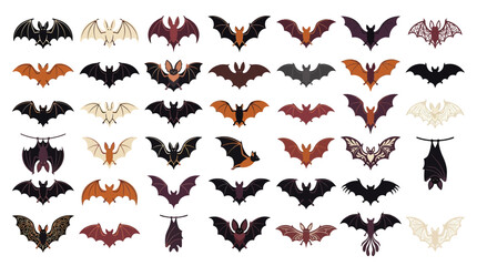 Fototapeta premium Assorted bat silhouettes, Halloween wild animal vector collection. Spooky flying mammals symbols in shades of brown, orange, black, and white. Set of forty-five graphic design elements for