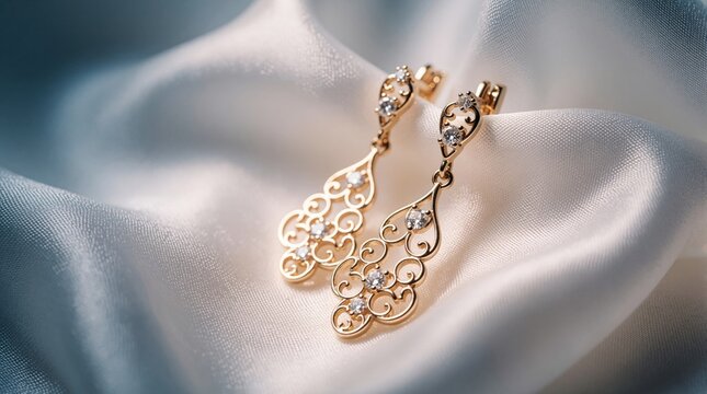 Gold chandelier earrings with small gems rest on draped silk fabric. These ornate, delicate danglers offer a touch of luxury and refined style for special occasions.