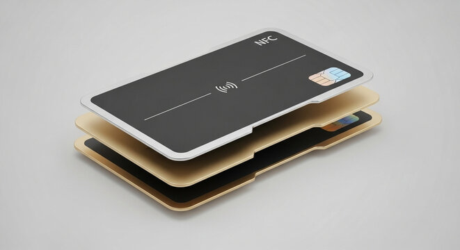 A black payment card featuring wireless connectivity technology rests atop a stack of thin wooden folders to represent the intersection of digital financial transactions and sustainable business