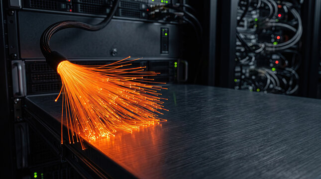 Glowing orange fiber optic cable bundle splayed on server rack in data center