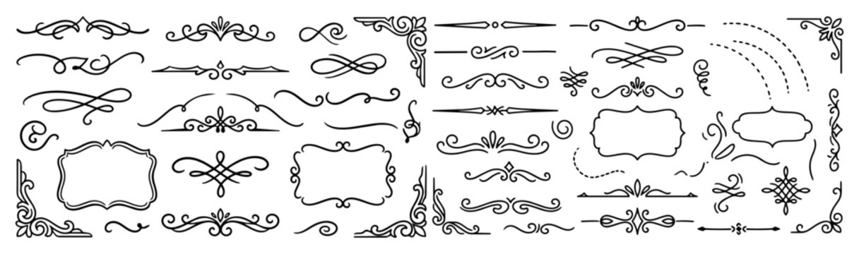 Hand drawn doodle vector mega pack of vintage ornament dividers featuring ornamental lines, flourishes, swirls, decorative separators, vintage corners, curved lines and elegant borders 