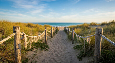 Obraz premium A sandy pathway winds through tall golden beach grasses towards the serene blue ocean water under a bright morning sun during the calm summer season at this peaceful coastal nature reserve area