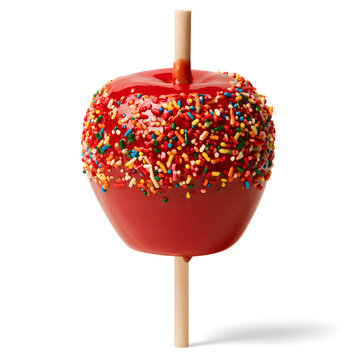 A vibrant red candy apple with colorful sprinkles on a stick, perfect for fairs and celebrations.