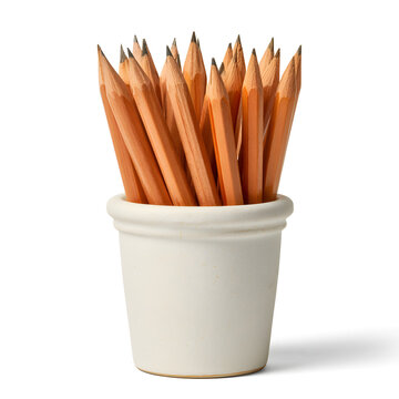 A collection of sharpened wooden pencils in a simple white ceramic pot, ideal for school or office settings.