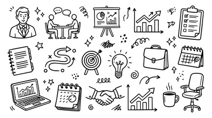 Hand drawn doodle vector collection of Business Consulting featuring consultant, client meeting, presentation board, analytics chart, strategy roadmap, target, isolated on white background © Creative Lab