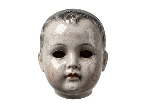 Old vintage creepy doll head with dark hollow eyes and weathered face isolated on transparent background