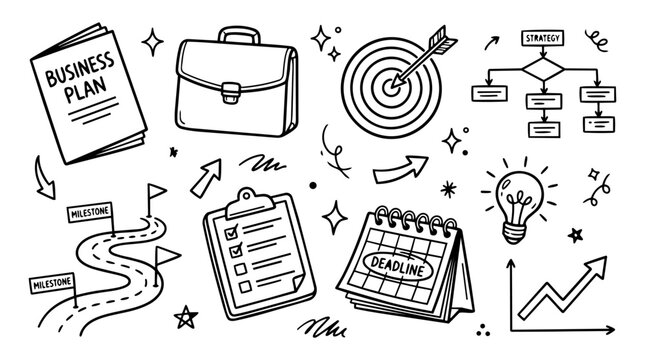 Hand drawn doodle vector mega pack of business planning featuring business plan, briefcase, target, strategy chart, roadmap, clipboard, checklist, calendar, light bulb and growth graph 