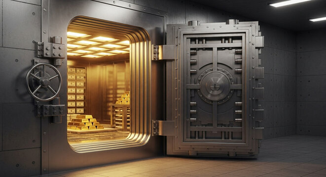 A massive steel door stands open to reveal an interior chamber filled with gleaming stacks of gold bars stored securely inside a fortified bank vault that provides protection for precious assets