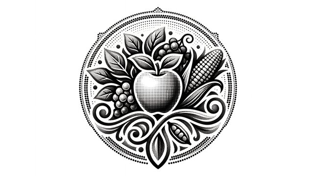 Organic harvest composition with apple grapes and corn in a decorative circular frame for agricultural branding designs.