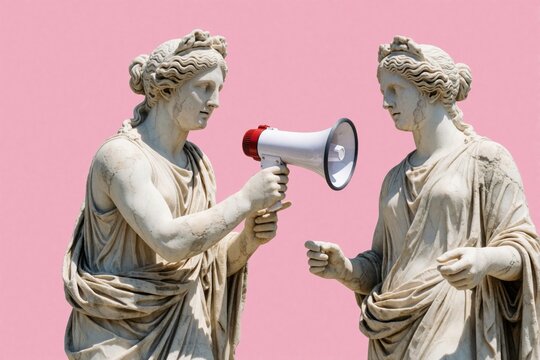 Two classical marble statues interact using modern megaphone against pink background. Ancient stone figures engage in loud conversation. Creative surreal art blends historical sculpture with