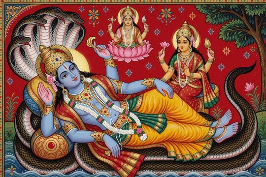 Blue skinned Hindu god Vishnu rests on coiled serpent Shesha Naga. Lakshmi goddess sits nearby. Celestial beings float above. Vibrant Indian folk art style.
